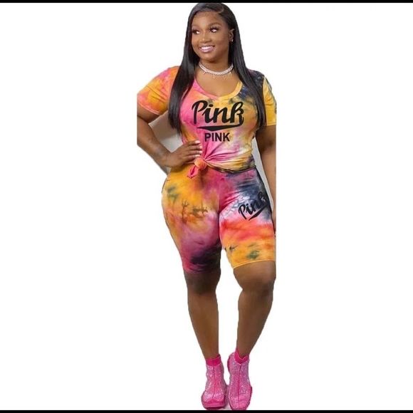 Yellow 2 Piece Short Set Casual Tie Dye Print Shirt + Bodycon Shorts Tracksuit‌ - Picture 2 of 2